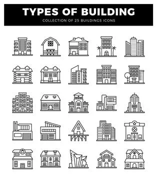 Building icons in flat design. modern and classic architecture. line art. g.. Ilustración de archivo