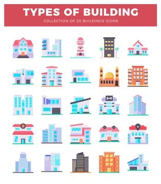 Building icons in flat design. modern and classic styles. set against a whi.. Ilustração Stock
