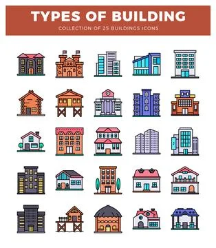 Building icons in a flat design. showcasing diverse architectural styles. Ilustración de archivo