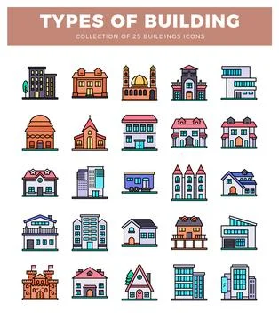 Building icons with flat design style and colorful outlines.  Icons showcas.. Illustrazione stock