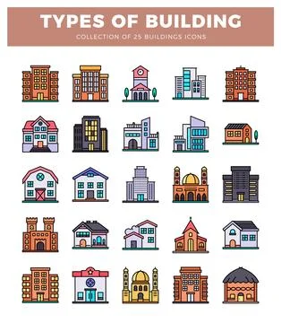 Building icons in flat design style with colorful elements on white backgroun Stockillustratie