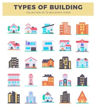 Building icons in flat design style with colorful illustrations. Ilustración de archivo