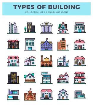 Building icons in flat design style. presenting various architectural types.. Ilustración de archivo