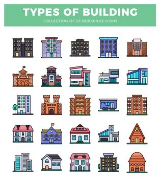 Building icons in flat design style with colorful illustrations Ilustración de archivo