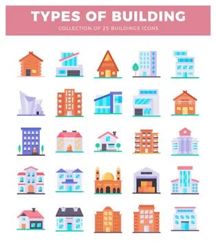 Building icons in flat design style. featuring various architectural types .. Ilustración de archivo