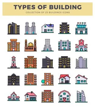 Building icons in flat design style. Modern and classic architecture. urban.. Ilustración de archivo