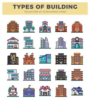 Building icons in flat design style on white background. Modern and classic.. Ilustración de archivo