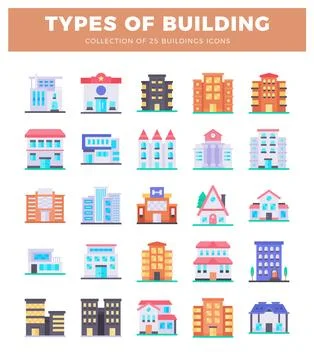 Building icons in flat design style on white background Ilustración de archivo