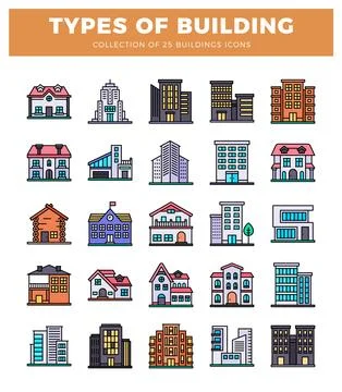 Building icons in flat design style. showcasing diverse architectural types.. Ilustración de archivo