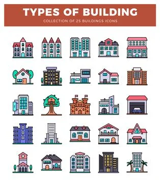 Building icons in a flat design style on a white background. Ilustración de archivo