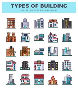 Building icons in flat design style. isolated on white background. Stock Illustration