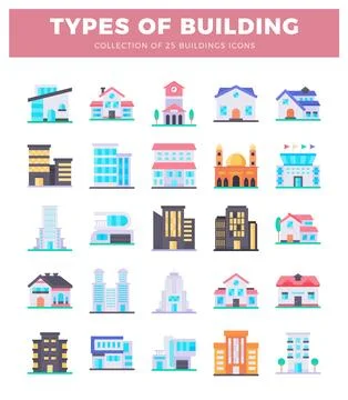 Building icons in flat design style on white background. Ilustración de archivo