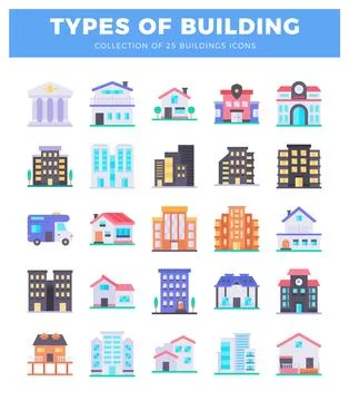 Building icons in flat design style with diverse architectural styles. Ilustración de archivo