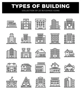 Building icons in a flat design style on a white background Stock Illustration