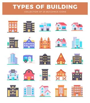 Building icons in a flat design style with diverse architectural representa.. Illustrazione stock