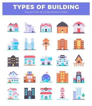 Building icons in flat design style. isolated on white background Ilustración de archivo