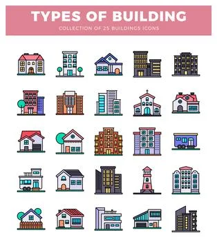Building icons in a flat design style. presented on a white background Stockillustratie
