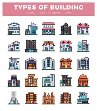 Building icons in flat design style on a white background Ilustración de archivo