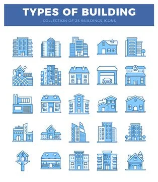 Building icons. flat design style. blue and white. showcasing diverse archi.. Ilustração Stock