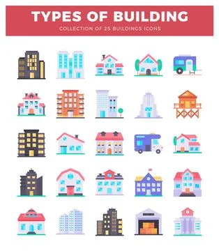 Building icons in a flat design style on a white background. Ilustración de archivo