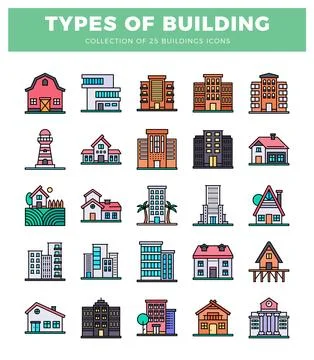 Building icons in flat design style with colorful outlines. Illustrazione stock