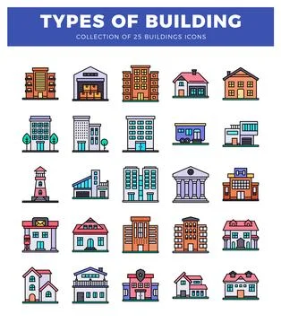 Building icons in flat design style. showcasing diverse architecture and st.. Ilustración de archivo
