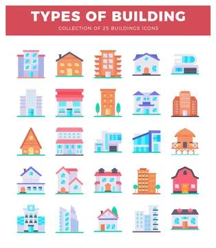 Building icons in flat design style on white background Ilustración de archivo