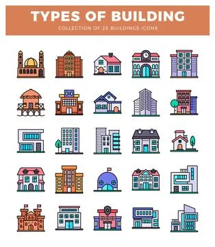 Building icons in flat design style on white background. Ilustración de archivo
