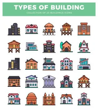 Building icons in flat design style. urban and rural architectural types. Ilustración de archivo