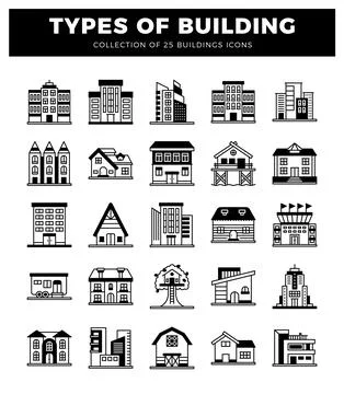 Building icons in a flat design style on a white background. Ilustración de archivo