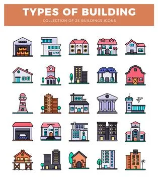 Building icons in flat design style with vibrant colors. set against a whit.. Ilustración de archivo