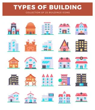 Building icons in flat design style on a white background Ilustración de archivo