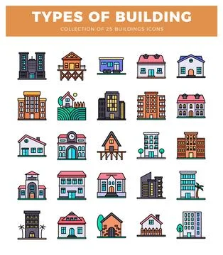 Building icons in flat design style on a white background Ilustración de archivo