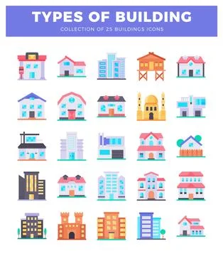 Building icons in flat design style. Ilustración de archivo
