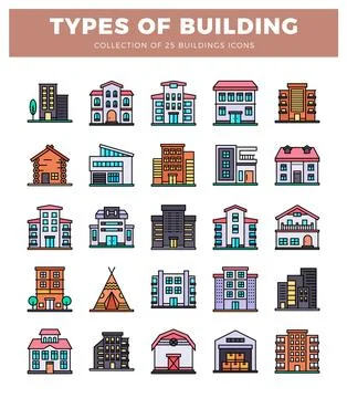 Building icons in flat design style on white background. Ilustración de archivo