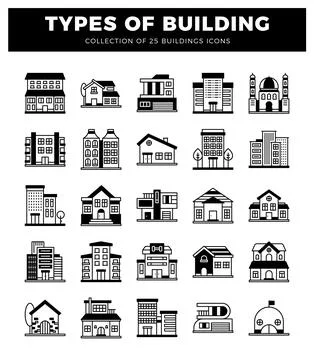 Building icons in a flat design style on white background Stock Illustration