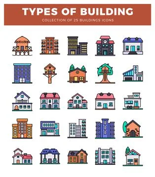 Building icons in flat design style. isolated on white. Ilustração Stock