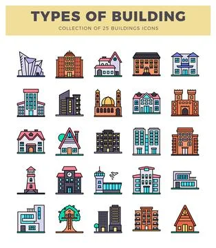 Building icons in flat design style. set against a white background with a .. Ilustración de archivo