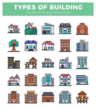 Building icons in flat design.  Various house and apartment building illust.. Stockillustratie