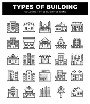 Building icons. flat design with white background. Various building styles .. Ilustración de archivo