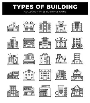 Building icons. flat design. white background. Ilustración de archivo