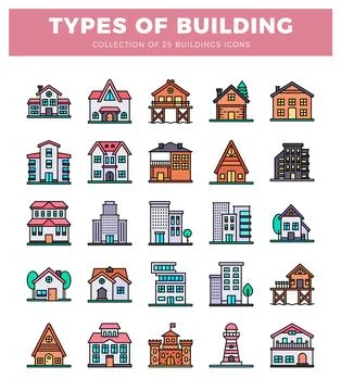 Building icons in a flat design with a white background. Ilustración de archivo
