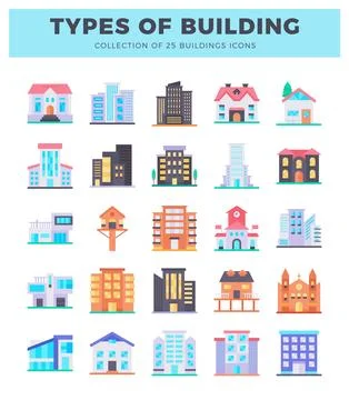 Building icons with flat design on white background Stock Illustration