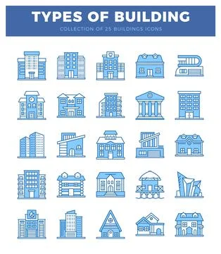 Building icons in flat line design. representing different architectural st.. Ilustración de archivo