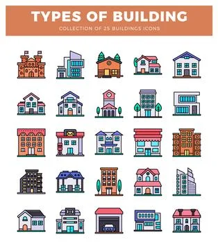 Building icons in a flat. modern style. showcasing diverse architectural de.. Ilustración de archivo
