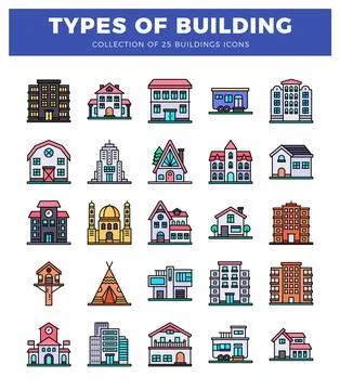 Building icons in a flat. modern style with colorful outlines. Ilustração Stock