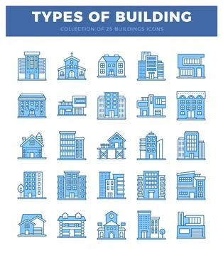 Building icons in a flat. outlined blue style on a white background. Ilustración de archivo