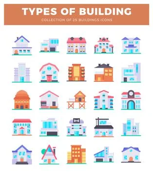 Building icons in flat style on white background. Ilustración de archivo