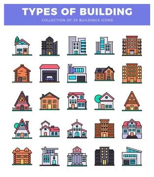 Building icons. Flat vector illustrations of various house types. Architect.. Ilustración de archivo