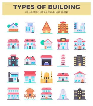 Building icons. flat vector style. colorful. white background. diverse arch.. Ilustración de archivo